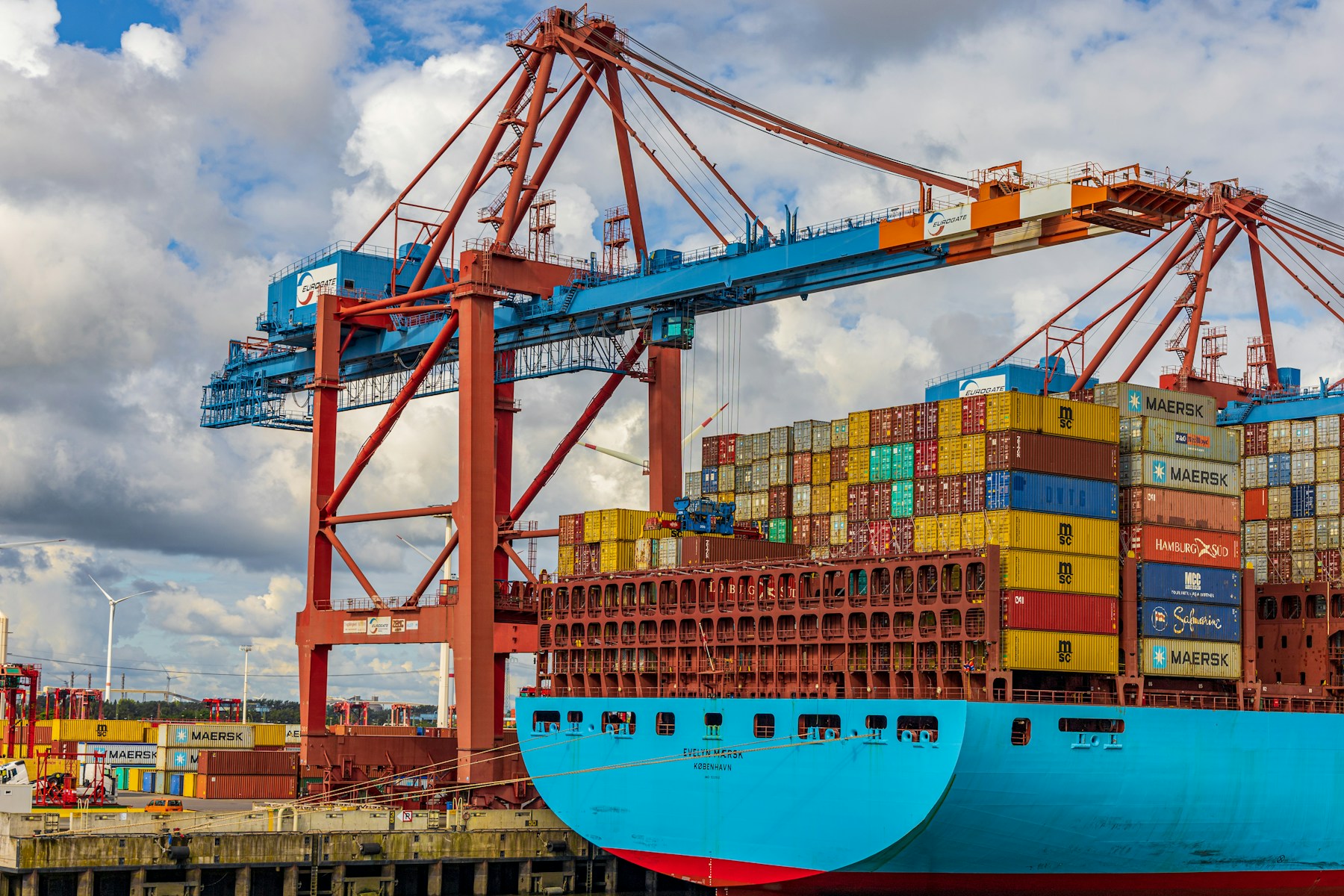 A cargo ship at a port terminal